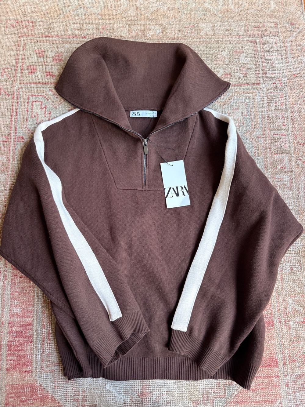 Zara funnel neck Brown Pullover Tunic with Cream Sleeve Stripes